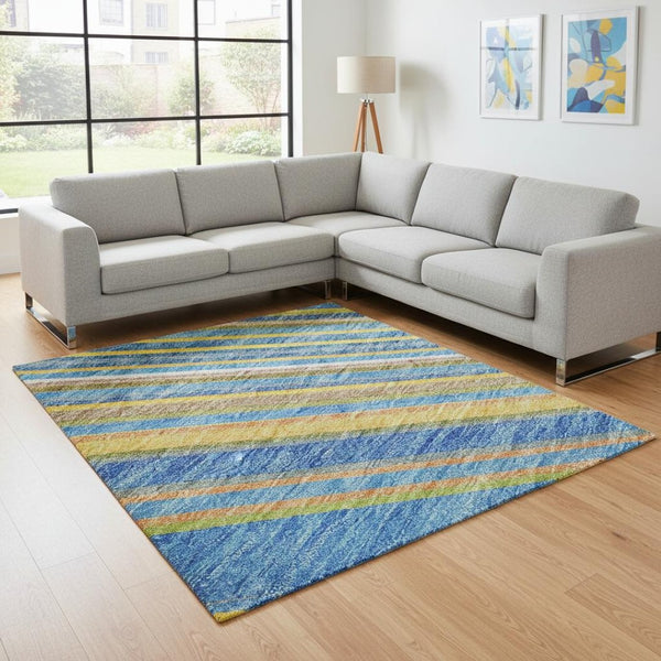 HomeRoots 10' X 14' Striped Washable Area Rug in Denim Blue, Gold & Lime Green – UV Protected & Stylish! 677471