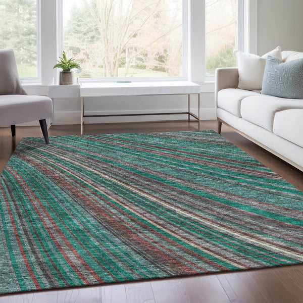 HomeRoots 5' X 8' Emerald Brown & Merlot Striped Area Rug - Durable, UV-Protected, Stain-Resistant Design for Homes 677473