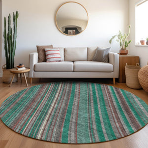 HomeRoots 8' Washable Round Rug in Emerald, Brown & Merlot Stripes – UV Protected, Durable & Stylish Choice! 677474