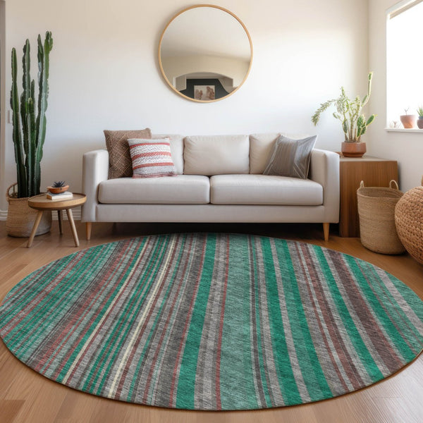 HomeRoots 8' Washable Round Rug in Emerald, Brown & Merlot Stripes – UV Protected, Durable & Stylish Choice! 677474