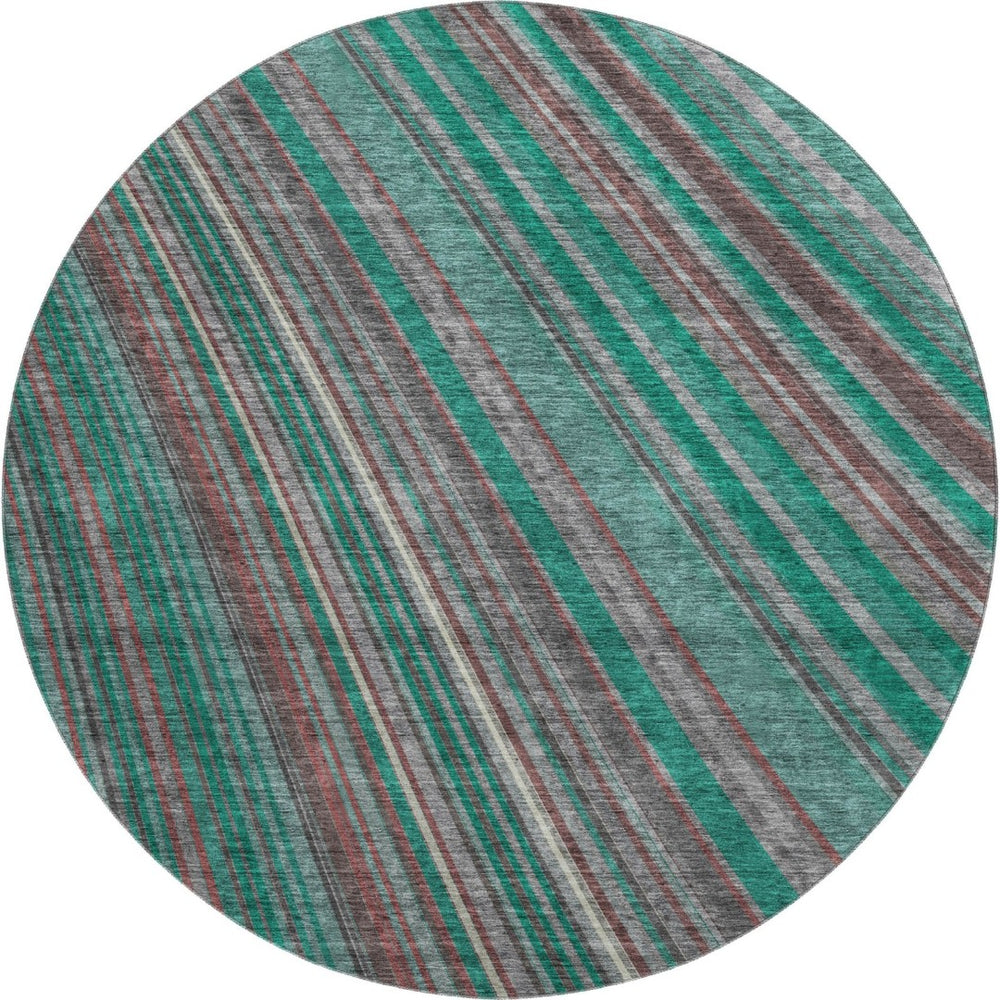 HomeRoots 8' Washable Round Rug in Emerald, Brown & Merlot Stripes – UV Protected, Durable & Stylish Choice! 677474