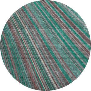HomeRoots 8' Washable Round Rug in Emerald, Brown & Merlot Stripes – UV Protected, Durable & Stylish Choice! 677474