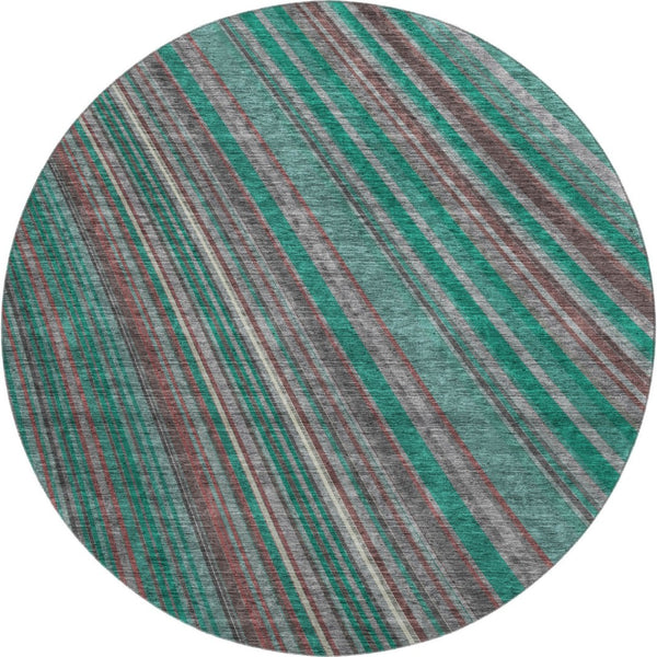 HomeRoots 8' Washable Round Rug in Emerald, Brown & Merlot Stripes – UV Protected, Durable & Stylish Choice! 677474