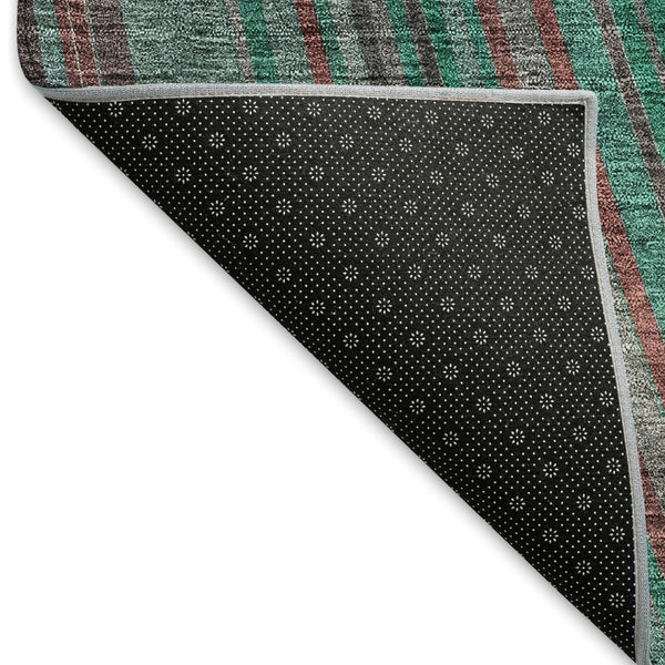 HomeRoots 8' Washable Round Rug in Emerald, Brown & Merlot Stripes – UV Protected, Durable & Stylish Choice! 677474