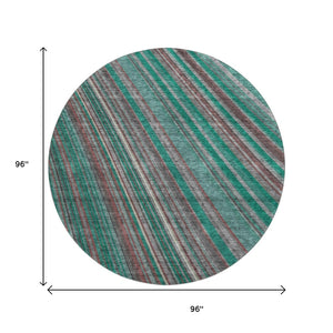 HomeRoots 8' Washable Round Rug in Emerald, Brown & Merlot Stripes – UV Protected, Durable & Stylish Choice! 677474