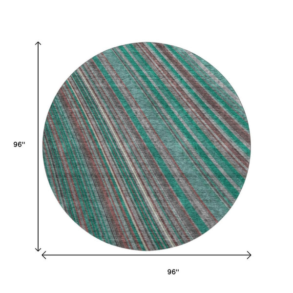 HomeRoots 8' Washable Round Rug in Emerald, Brown & Merlot Stripes – UV Protected, Durable & Stylish Choice! 677474