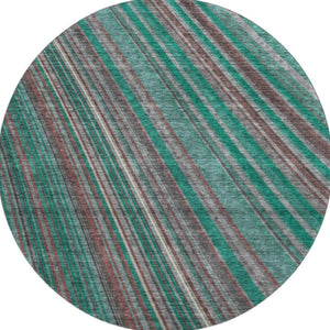 HomeRoots 8' Washable Round Rug in Emerald, Brown & Merlot Stripes – UV Protected, Durable & Stylish Choice! 677474