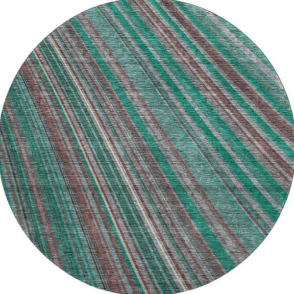 HomeRoots 8' Washable Round Rug in Emerald, Brown & Merlot Stripes – UV Protected, Durable & Stylish Choice! 677474