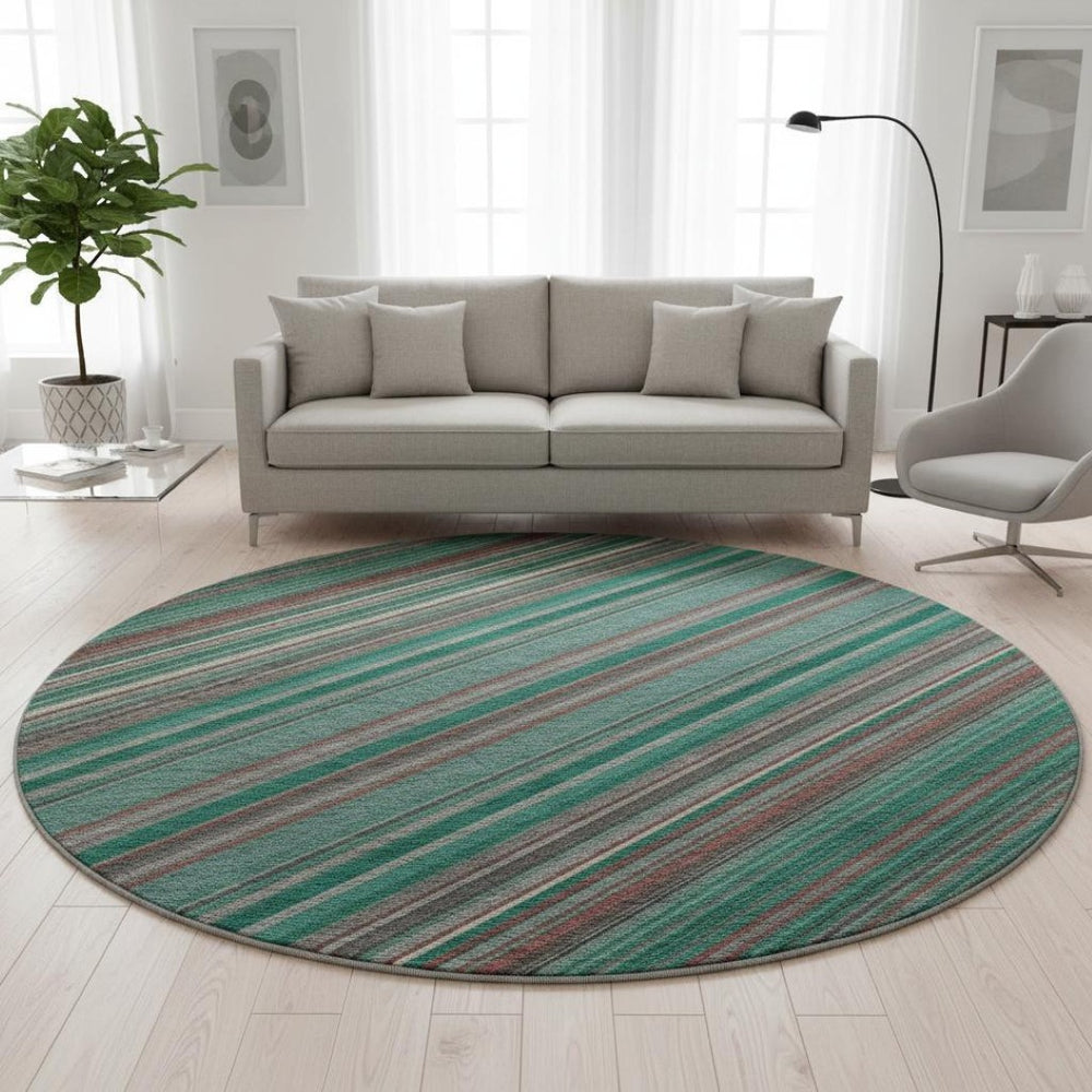 HomeRoots 8' Washable Round Rug in Emerald, Brown & Merlot Stripes – UV Protected, Durable & Stylish Choice! 677474