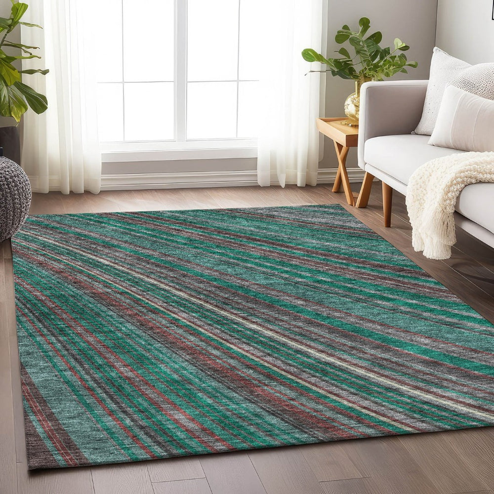 HomeRoots 8' X 10' Emerald Brown & Merlot Striped Washable Area Rug - UV Protected, Durable & Stylish 677475