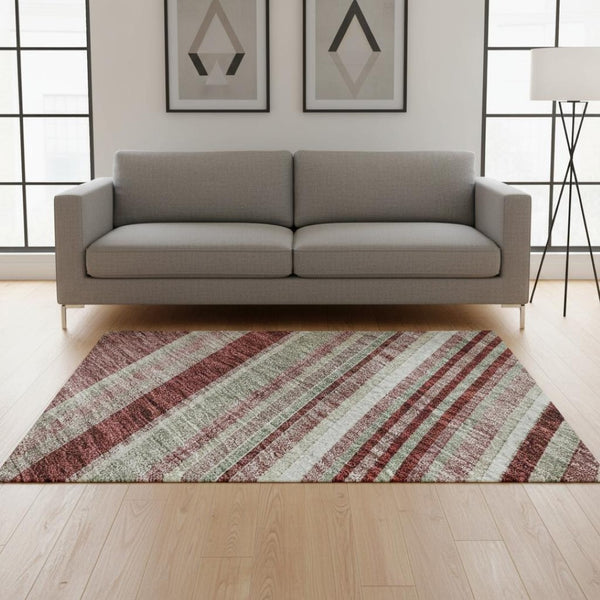 HomeRoots 5' X 8' Burgundy, Gray & Ivory Striped Washable Area Rug – Durable, UV-Protected & Easy-Care Design 677479