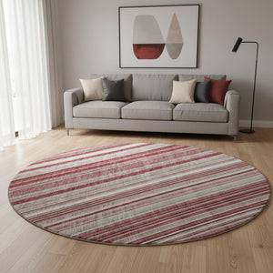 HomeRoots 8' Burgundy Gray and Ivory Striped Round Rug - Washable, UV Protected, Durable for High-Traffic Areas 677480