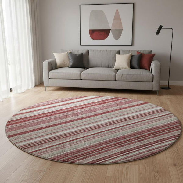 HomeRoots 8' Burgundy Gray and Ivory Striped Round Rug - Washable, UV Protected, Durable for High-Traffic Areas 677480