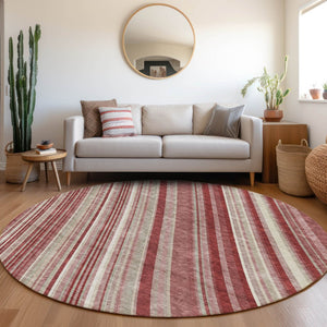 HomeRoots 8' Burgundy Gray and Ivory Striped Round Rug - Washable, UV Protected, Durable for High-Traffic Areas 677480