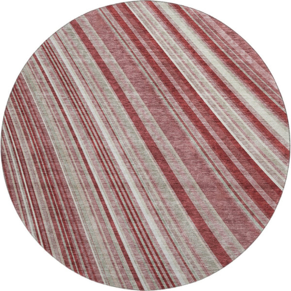 HomeRoots 8' Burgundy Gray and Ivory Striped Round Rug - Washable, UV Protected, Durable for High-Traffic Areas 677480