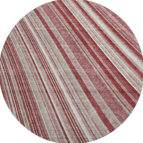 HomeRoots 8' Burgundy Gray and Ivory Striped Round Rug - Washable, UV Protected, Durable for High-Traffic Areas 677480