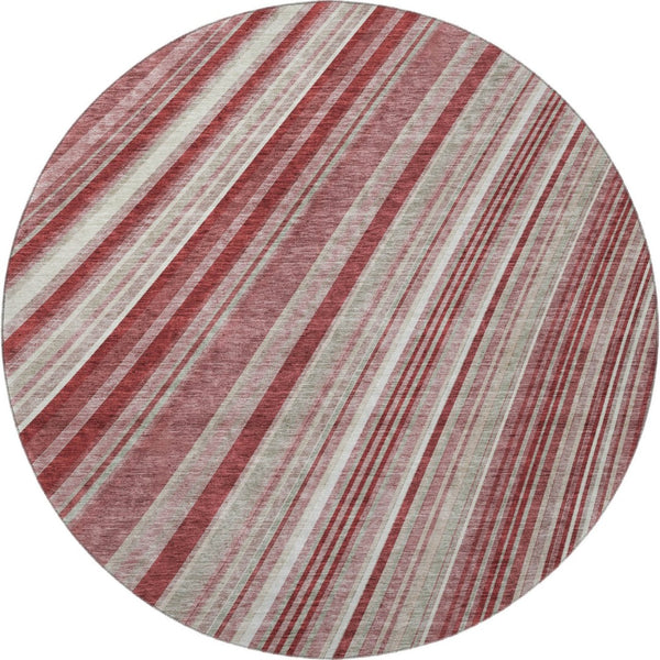 HomeRoots 8' Burgundy Gray and Ivory Striped Round Rug - Washable, UV Protected, Durable for High-Traffic Areas 677480