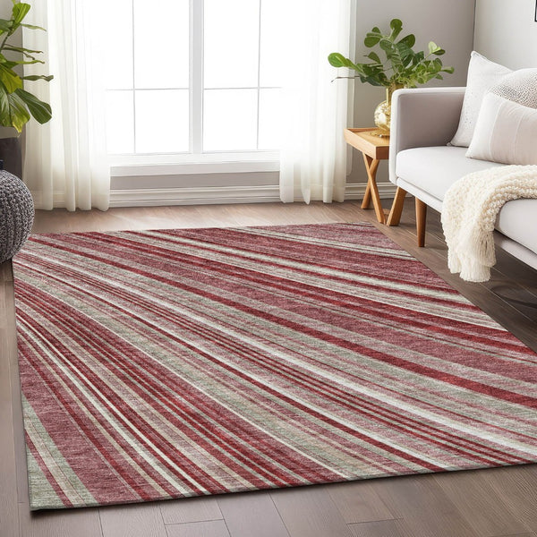 HomeRoots 8' X 10' Burgundy Gray Ivory Striped Washable Area Rug - Durable, Stylish, UV Protected & Easy Care! 677481