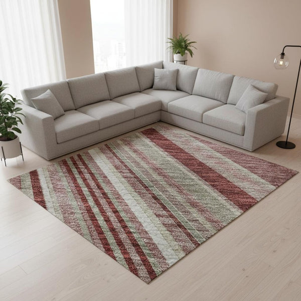 HomeRoots 8' X 10' Burgundy Gray Ivory Striped Washable Area Rug - Durable, Stylish, UV Protected & Easy Care! 677481