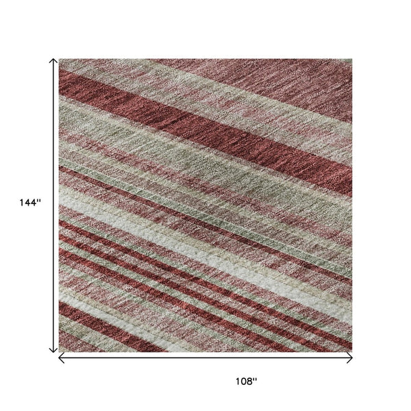 HomeRoots 9' X 12' Burgundy Gray Ivory Striped Area Rug – Durable, Washable, UV-Protected for Busy Homes 677482