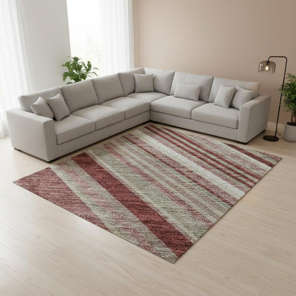 HomeRoots 9' X 12' Burgundy Gray Ivory Striped Area Rug – Durable, Washable, UV-Protected for Busy Homes 677482