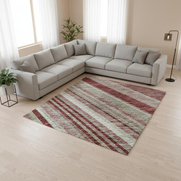 HomeRoots 10' X 14' Striped Washable Area Rug in Burgundy, Gray & Ivory – Durable, UV-Protected & Stylish! 677483