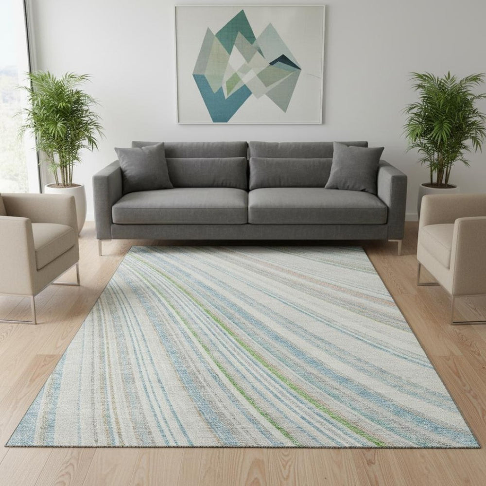 HomeRoots 5' X 8' Stylish Ivory Green and Beige Striped Washable Area Rug with UV Protection for Homes 677485