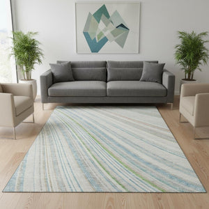 HomeRoots 5' X 8' Stylish Ivory Green and Beige Striped Washable Area Rug with UV Protection for Homes 677485