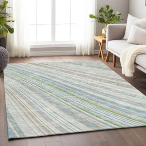HomeRoots 5' X 8' Stylish Ivory Green and Beige Striped Washable Area Rug with UV Protection for Homes 677485