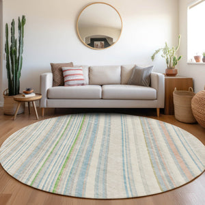 HomeRoots 8' Ivory Green and Beige Striped Washable Round Rug - Durable, UV-Protected, Easy-Care Home Essential! 677486