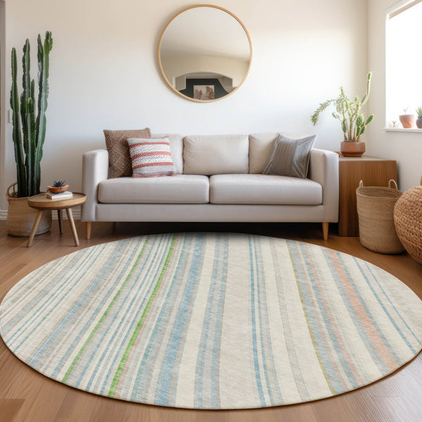 HomeRoots 8' Ivory Green and Beige Striped Washable Round Rug - Durable, UV-Protected, Easy-Care Home Essential! 677486