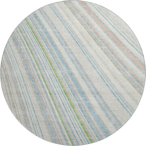 HomeRoots 8' Ivory Green and Beige Striped Washable Round Rug - Durable, UV-Protected, Easy-Care Home Essential! 677486