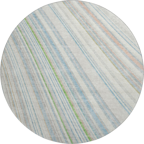 HomeRoots 8' Ivory Green and Beige Striped Washable Round Rug - Durable, UV-Protected, Easy-Care Home Essential! 677486