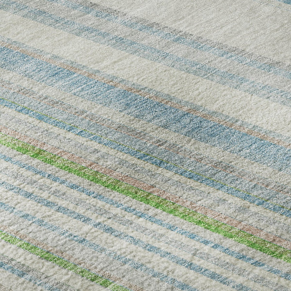 HomeRoots 8' Ivory Green and Beige Striped Washable Round Rug - Durable, UV-Protected, Easy-Care Home Essential! 677486