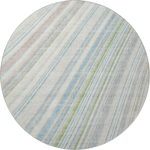 HomeRoots 8' Ivory Green and Beige Striped Washable Round Rug - Durable, UV-Protected, Easy-Care Home Essential! 677486