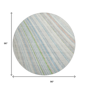 HomeRoots 8' Ivory Green and Beige Striped Washable Round Rug - Durable, UV-Protected, Easy-Care Home Essential! 677486