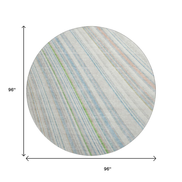 HomeRoots 8' Ivory Green and Beige Striped Washable Round Rug - Durable, UV-Protected, Easy-Care Home Essential! 677486