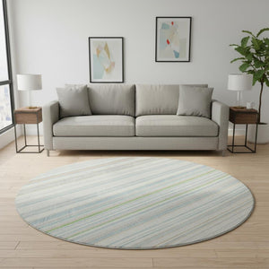 HomeRoots 8' Ivory Green and Beige Striped Washable Round Rug - Durable, UV-Protected, Easy-Care Home Essential! 677486