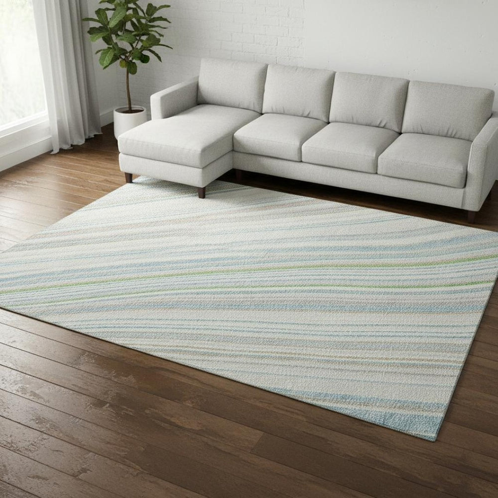 HomeRoots 8' X 10' Ivory Green Beige Striped Washable Area Rug with Durable UV Protection for Busy Homes 677487