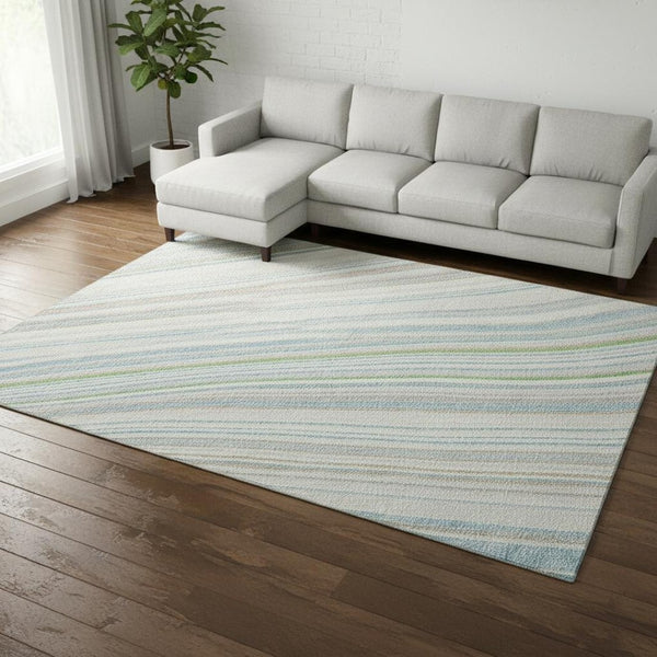 HomeRoots 8' X 10' Ivory Green Beige Striped Washable Area Rug with Durable UV Protection for Busy Homes 677487