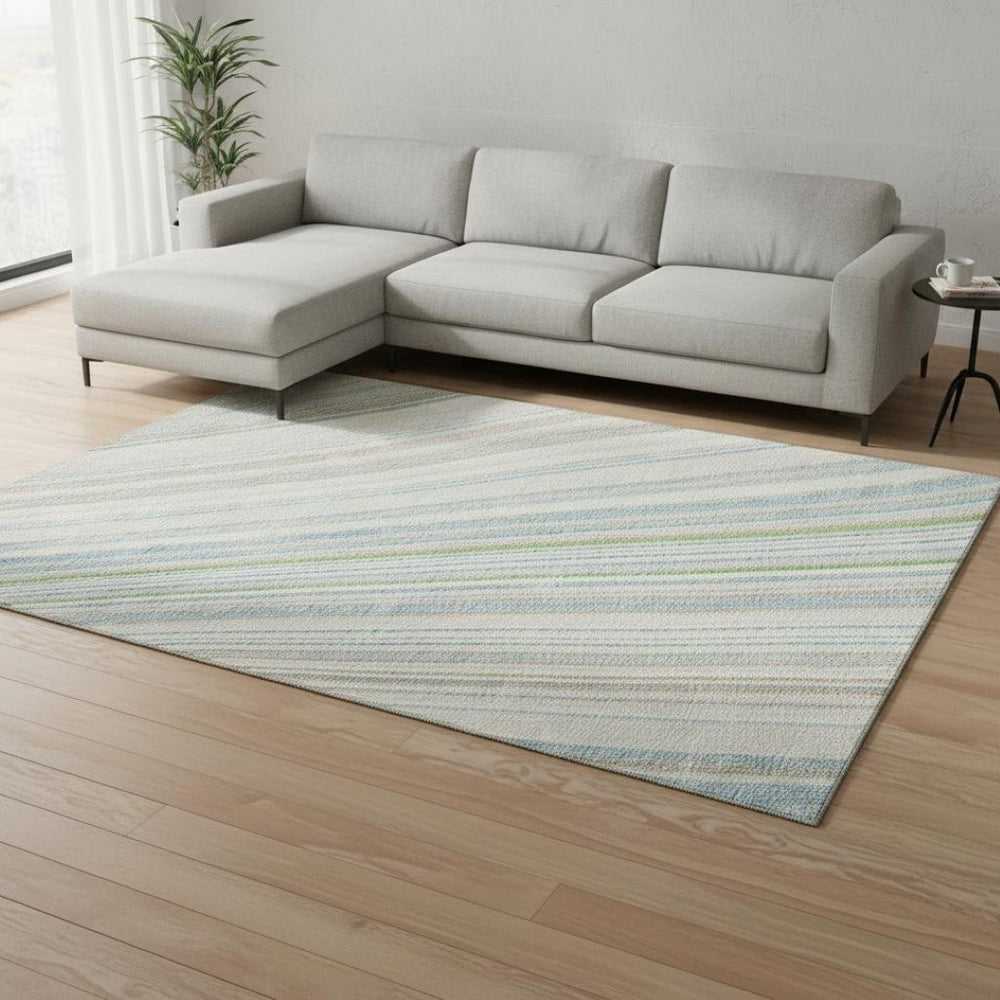 HomeRoots 9' X 12' Stylish Ivory, Green & Beige Striped Washable Area Rug with UV Protection for Homes 677488
