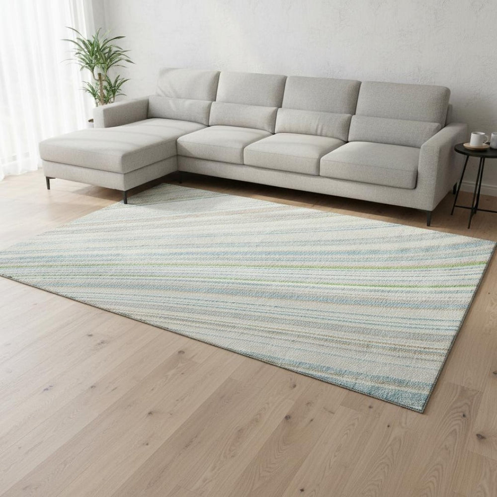 HomeRoots 10' Ivory Green and Beige Striped Washable Area Rug - Durable, UV Protected, Perfect for Family Spaces! 677489