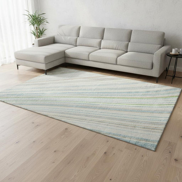 HomeRoots 10' Ivory Green and Beige Striped Washable Area Rug - Durable, UV Protected, Perfect for Family Spaces! 677489