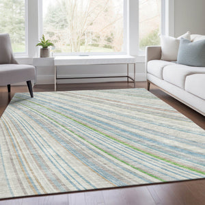 HomeRoots 10' Ivory Green and Beige Striped Washable Area Rug - Durable, UV Protected, Perfect for Family Spaces! 677489