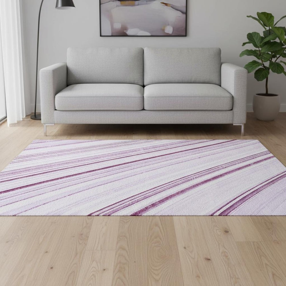 HomeRoots 5' X 8' Lavender & Ivory Striped Area Rug - Washable, Stain Resistant with UV Protection for Homes 677491
