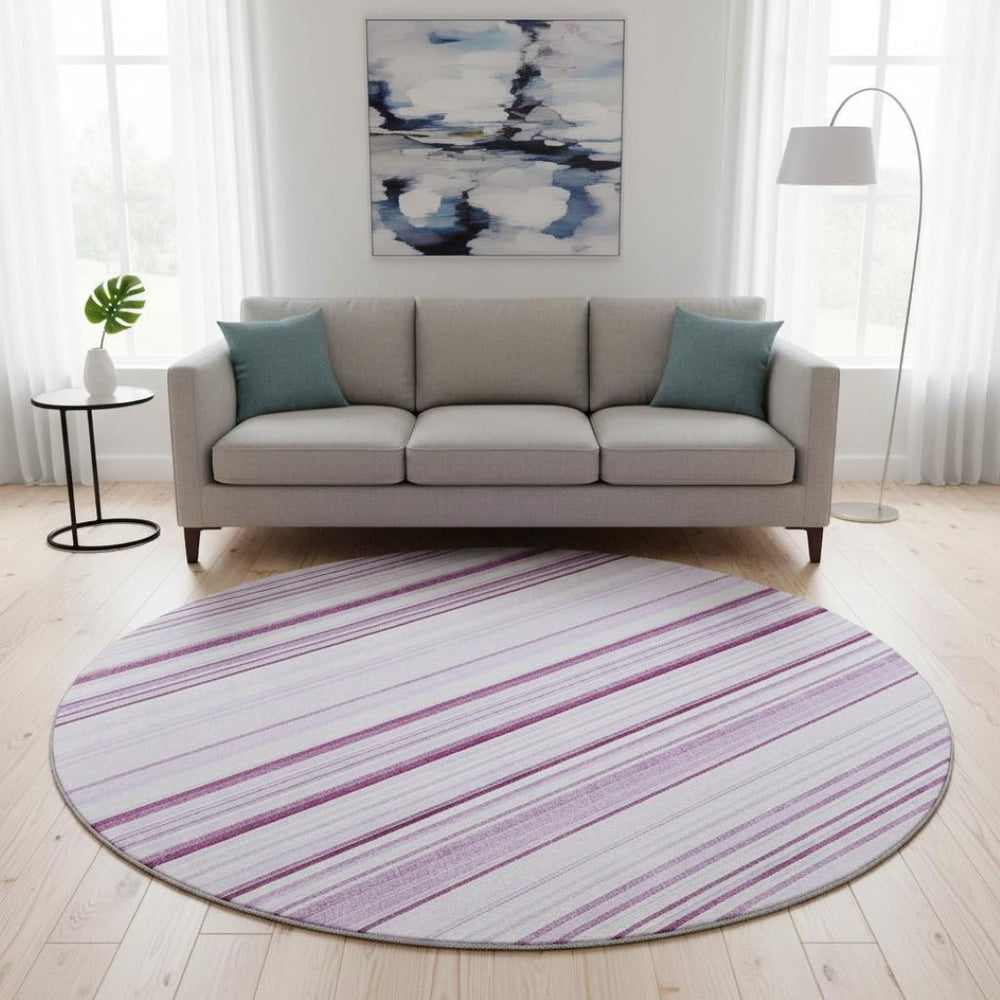 HomeRoots 8' Striped Lavender and Ivory Round Rug - Durable, Washable, UV-Protected for Indoor and Outdoor Use 677492