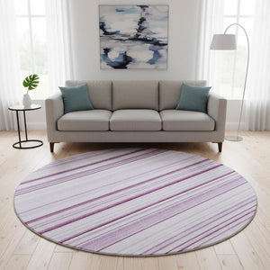 HomeRoots 8' Striped Lavender and Ivory Round Rug - Durable, Washable, UV-Protected for Indoor and Outdoor Use 677492