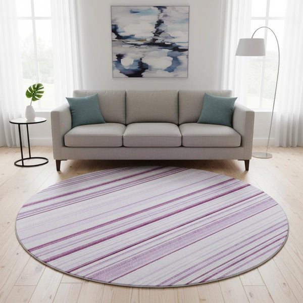 HomeRoots 8' Striped Lavender and Ivory Round Rug - Durable, Washable, UV-Protected for Indoor and Outdoor Use 677492