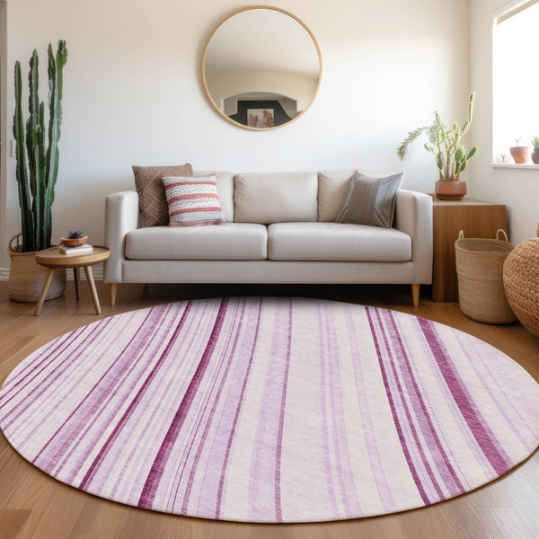 HomeRoots 8' Striped Lavender and Ivory Round Rug - Durable, Washable, UV-Protected for Indoor and Outdoor Use 677492