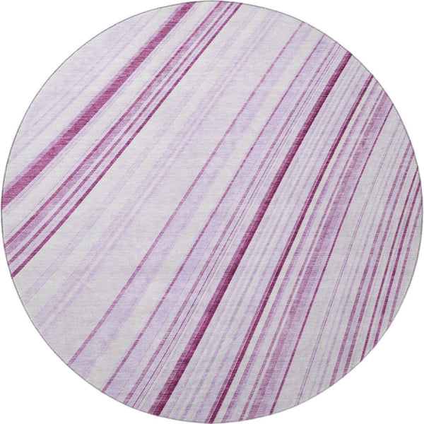 HomeRoots 8' Striped Lavender and Ivory Round Rug - Durable, Washable, UV-Protected for Indoor and Outdoor Use 677492